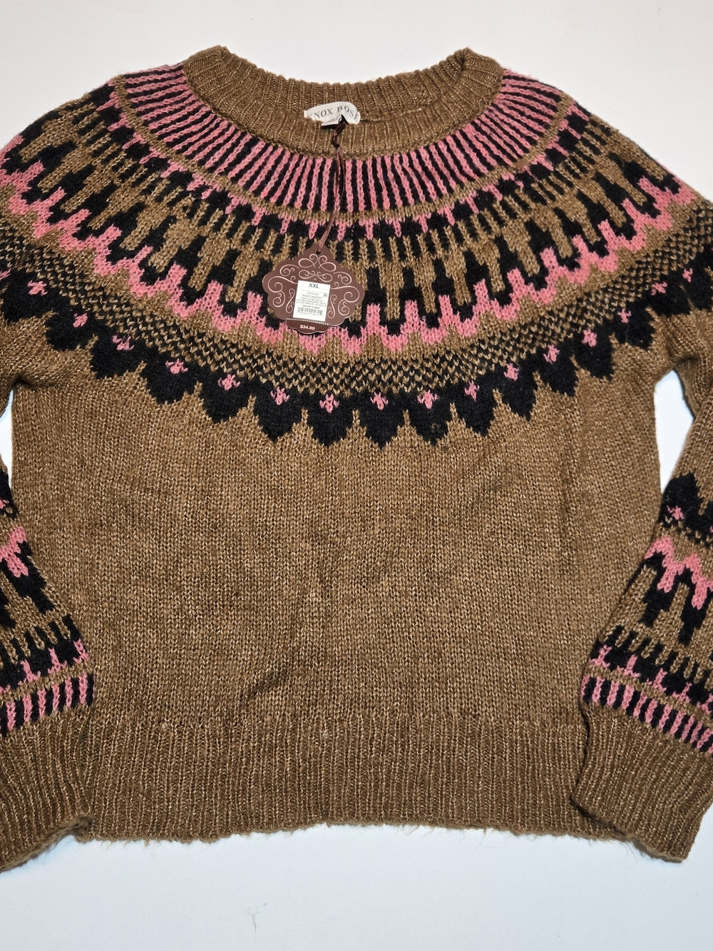 NWT XXL Womens Brown Fair Isle Crewneck Sweater with Pink & Black Accents